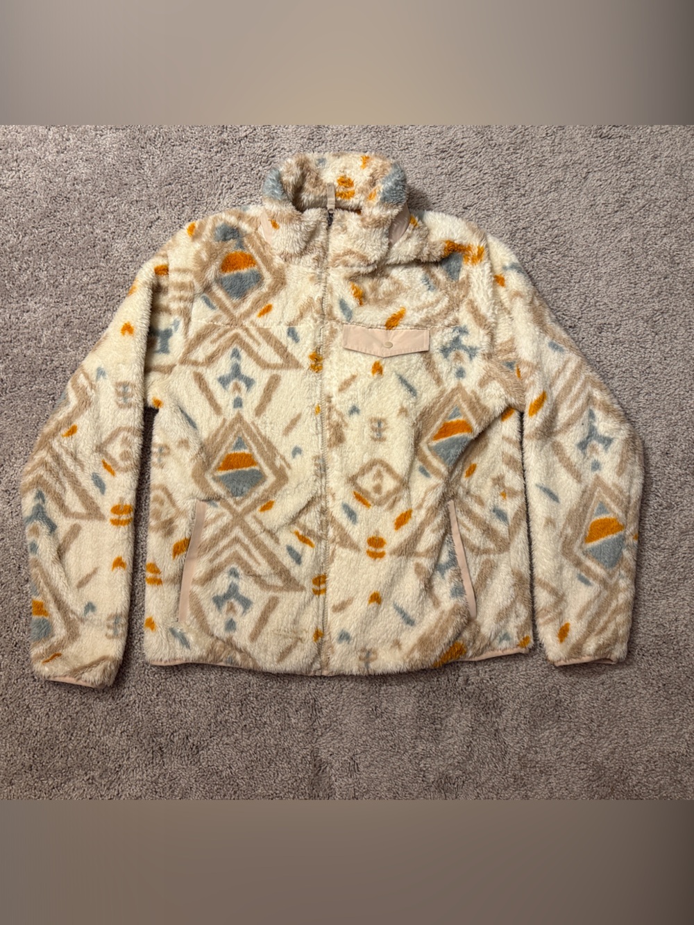 Cozy Ivory Aztec Fleece Jacket with Mustard & Slate Accents
